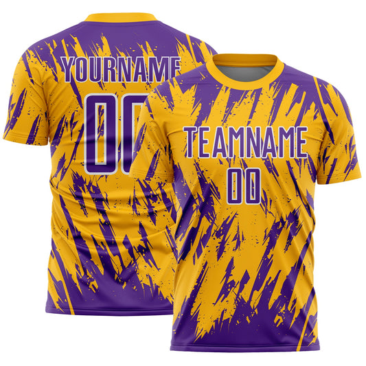 Custom Gold Purple-White Splatter Torn Sharp Brush Stroke Sublimation Soccer Uniform Jersey - Main View