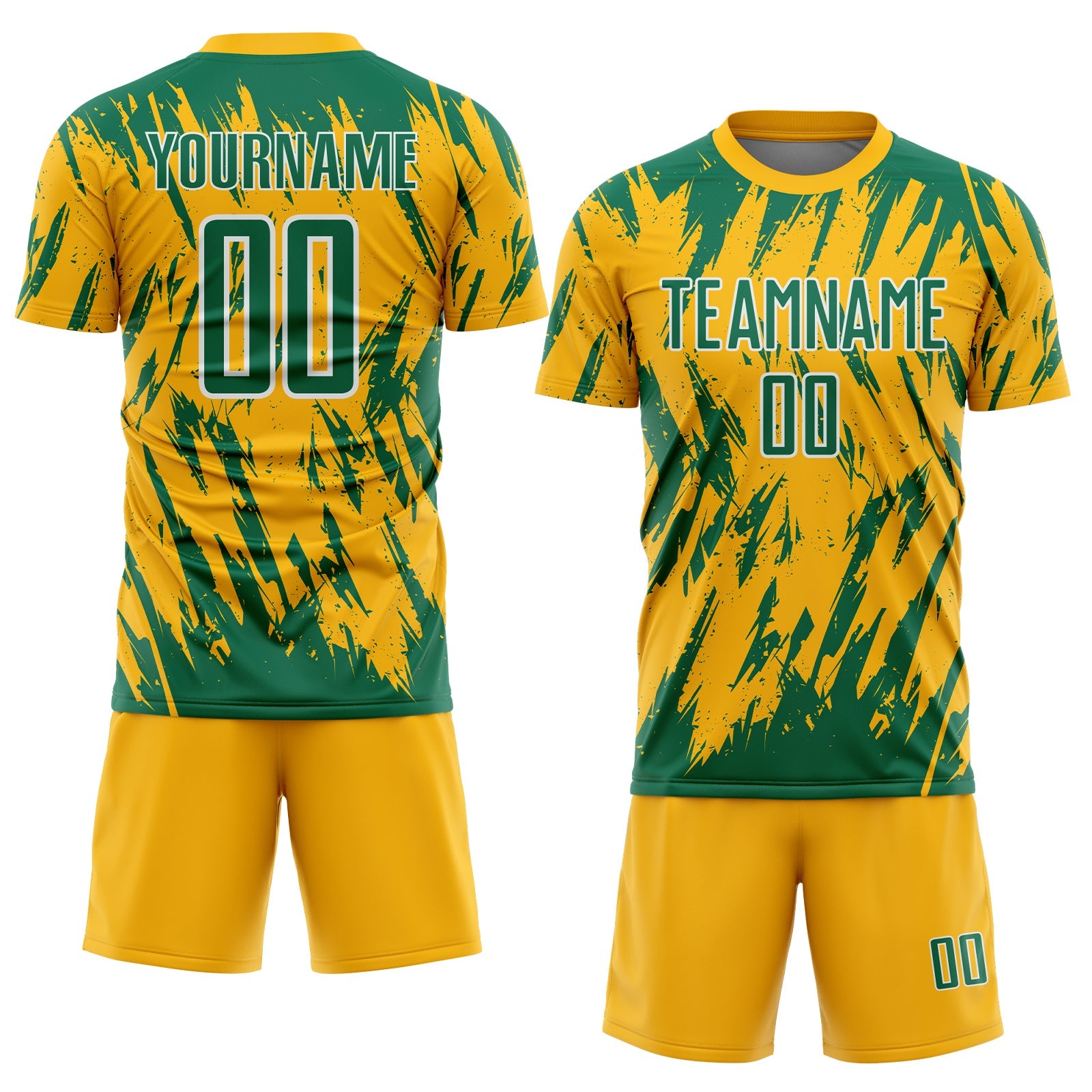 Custom Gold Kelly Green-White Splatter Torn Sharp Brush Stroke Sublimation Soccer Uniform Jersey view 2