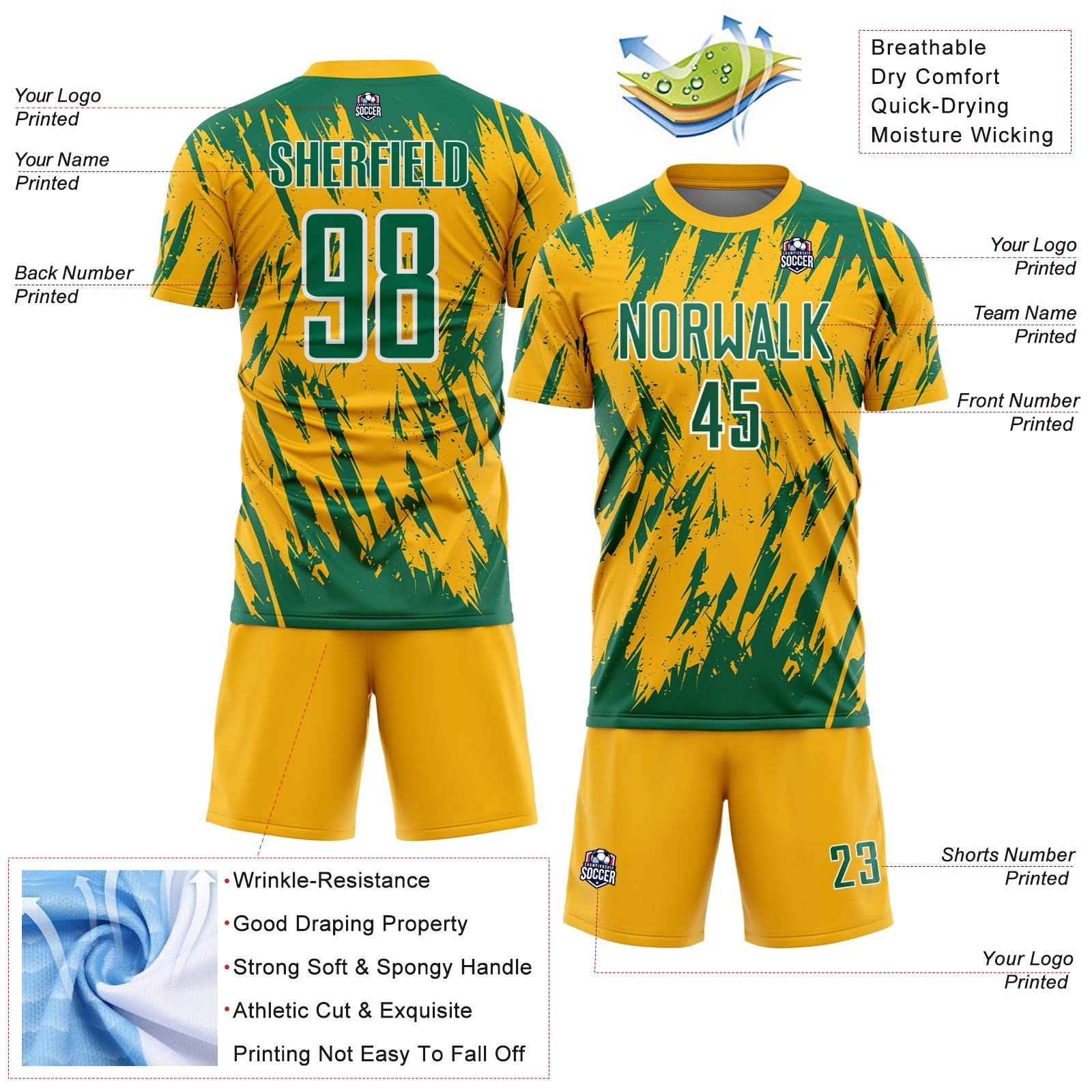 Custom Gold Kelly Green-White Splatter Torn Sharp Brush Stroke Sublimation Soccer Uniform Jersey view 4