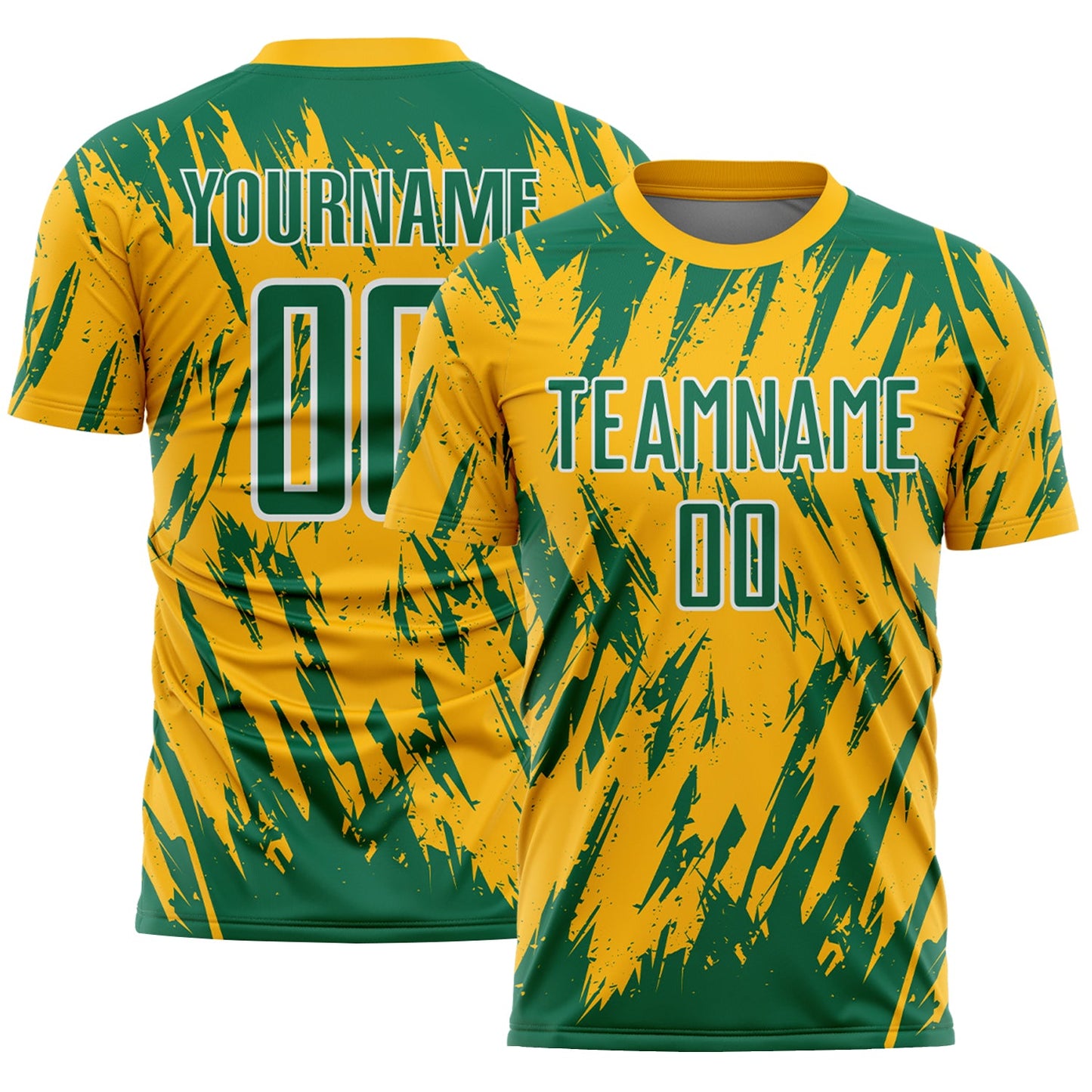 Custom Gold Kelly Green-White Splatter Torn Sharp Brush Stroke Sublimation Soccer Uniform Jersey - Main View