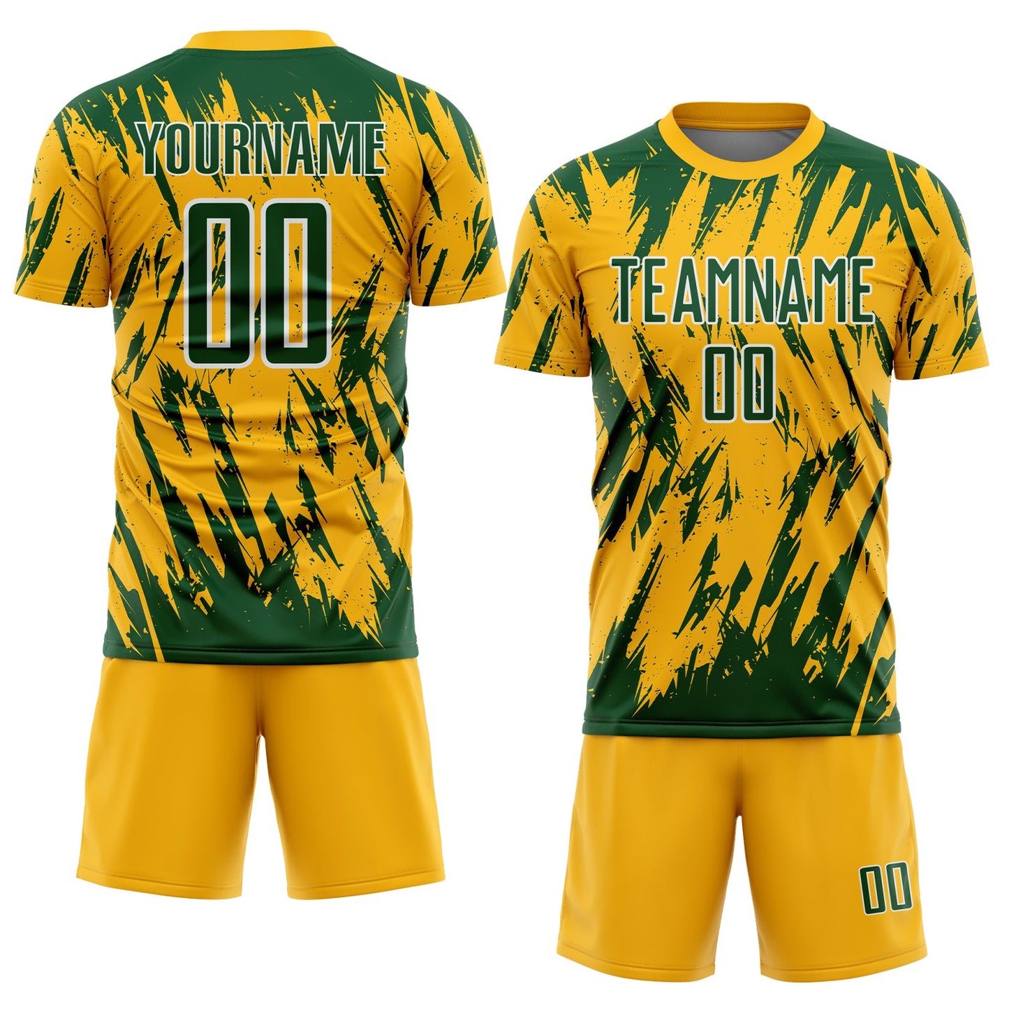 Custom Gold Green-White Splatter Torn Sharp Brush Stroke Sublimation Soccer Uniform Jersey view 2