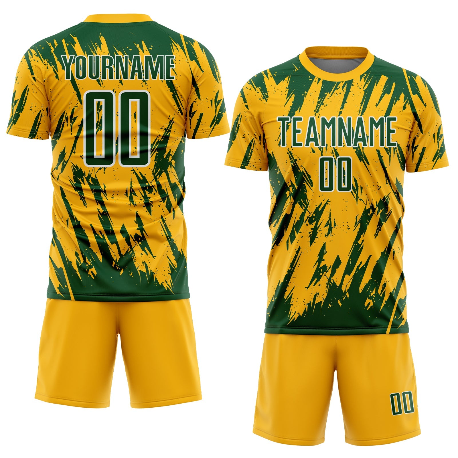 Custom Gold Green-White Splatter Torn Sharp Brush Stroke Sublimation Soccer Uniform Jersey view 2