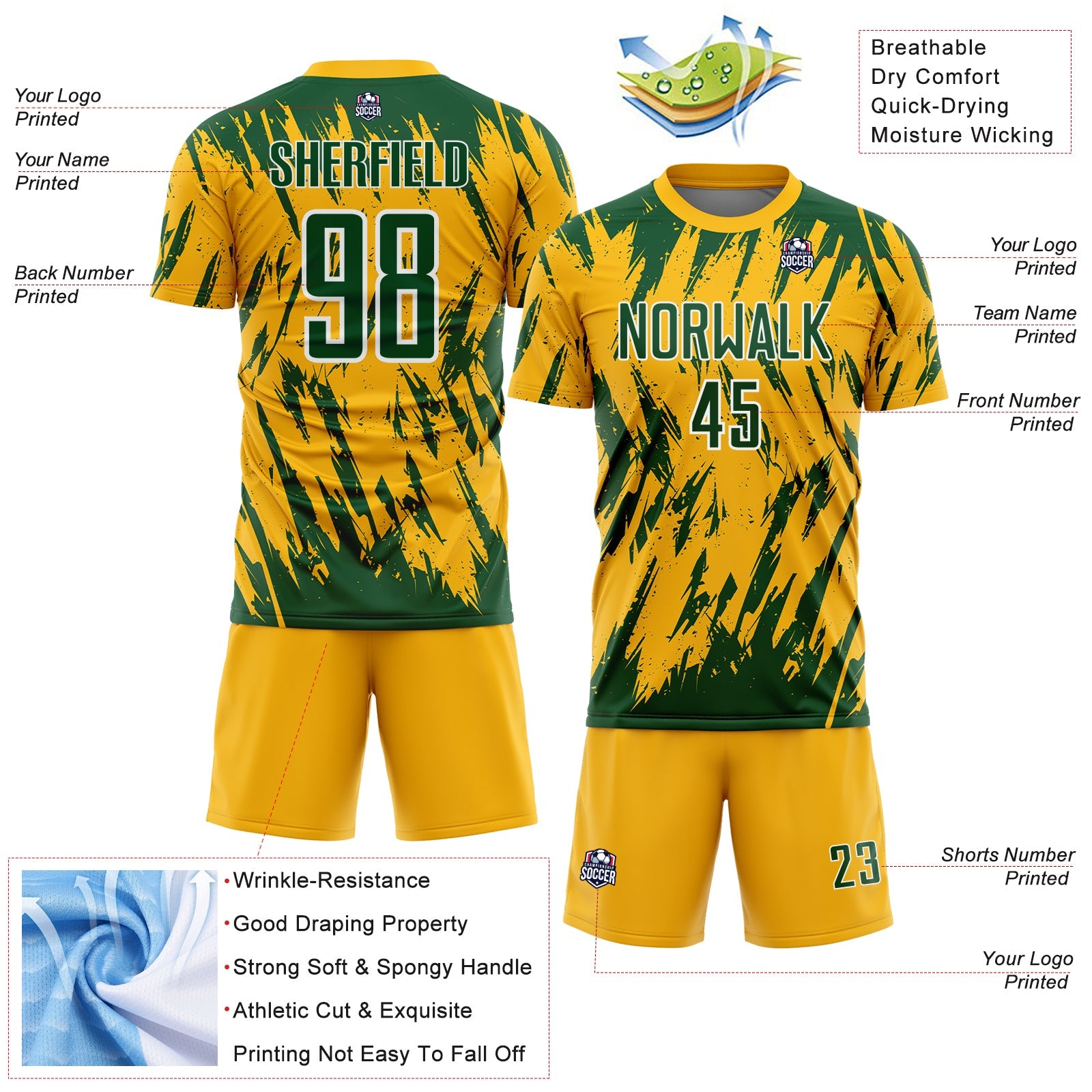 Custom Gold Green-White Splatter Torn Sharp Brush Stroke Sublimation Soccer Uniform Jersey view 4