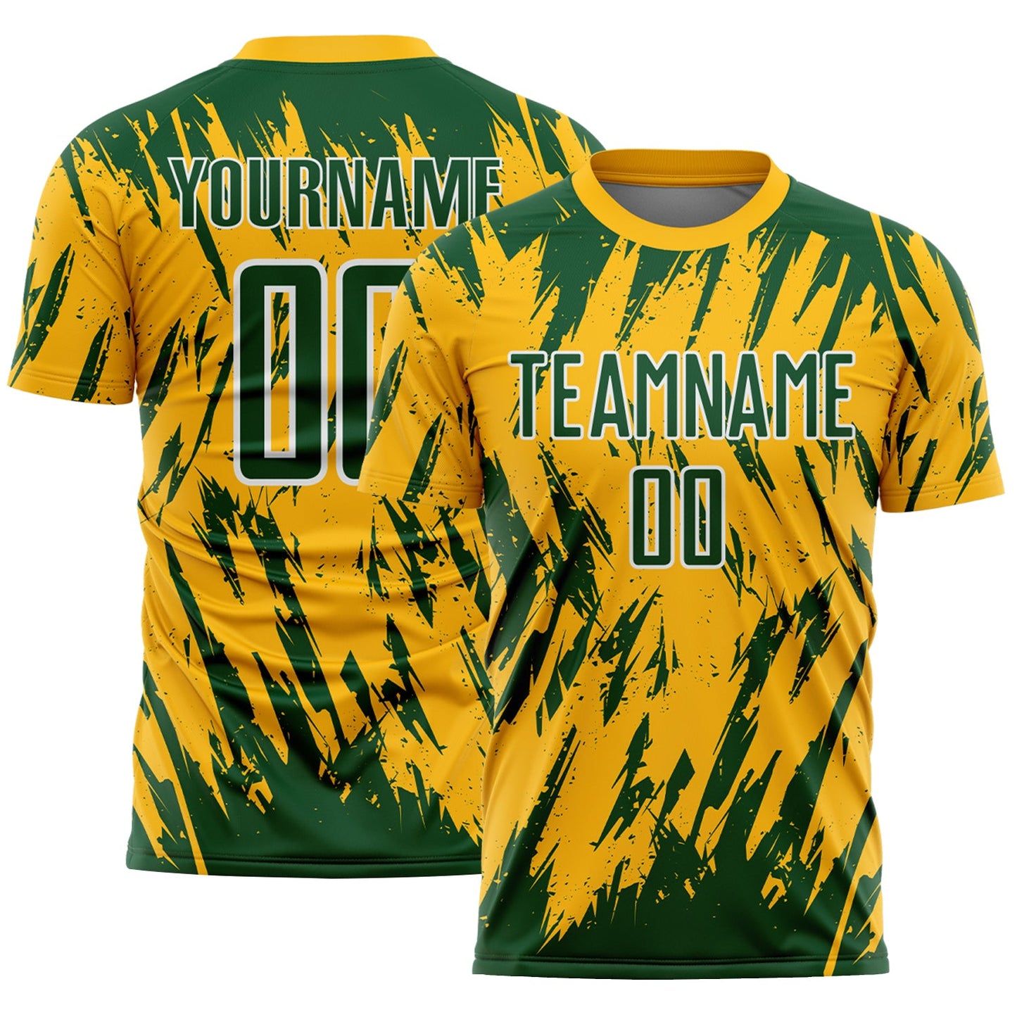 Custom Gold Green-White Splatter Torn Sharp Brush Stroke Sublimation Soccer Uniform Jersey - Main View