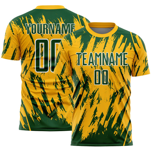 Custom Gold Green-White Splatter Torn Sharp Brush Stroke Sublimation Soccer Uniform Jersey - Main View