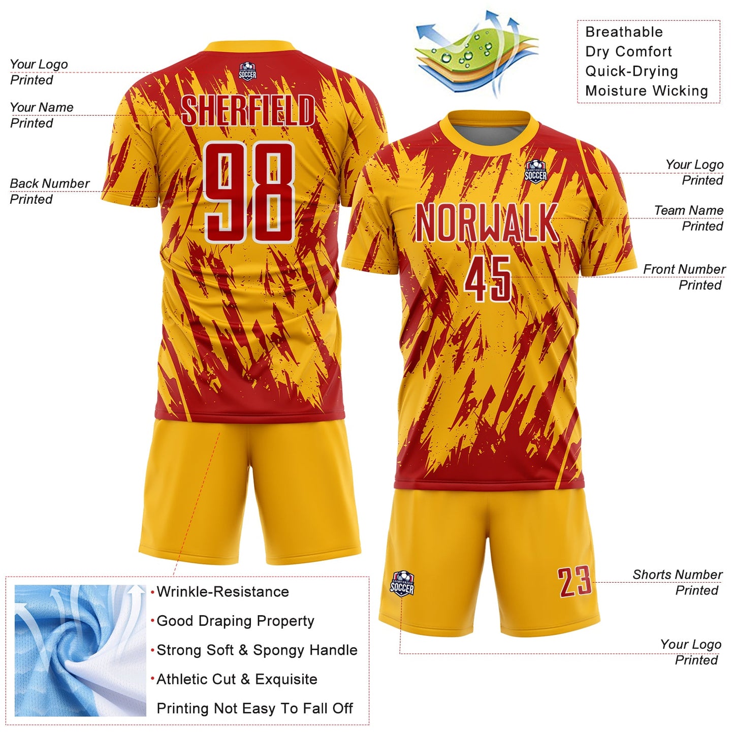 Custom Gold Red-White Splatter Torn Sharp Brush Stroke Sublimation Soccer Uniform Jersey view 4