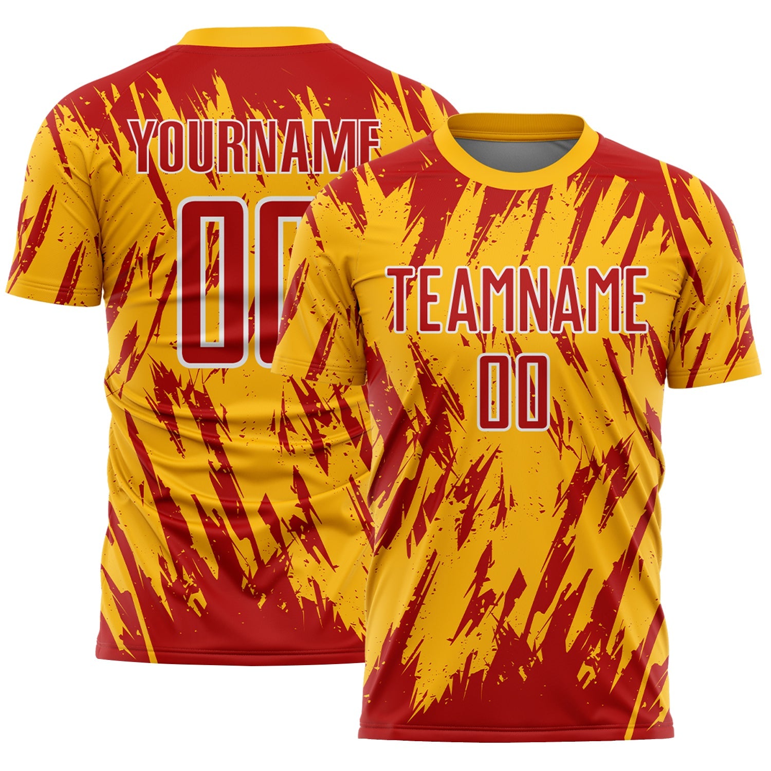 Custom Gold Red-White Splatter Torn Sharp Brush Stroke Sublimation Soccer Uniform Jersey - Main View