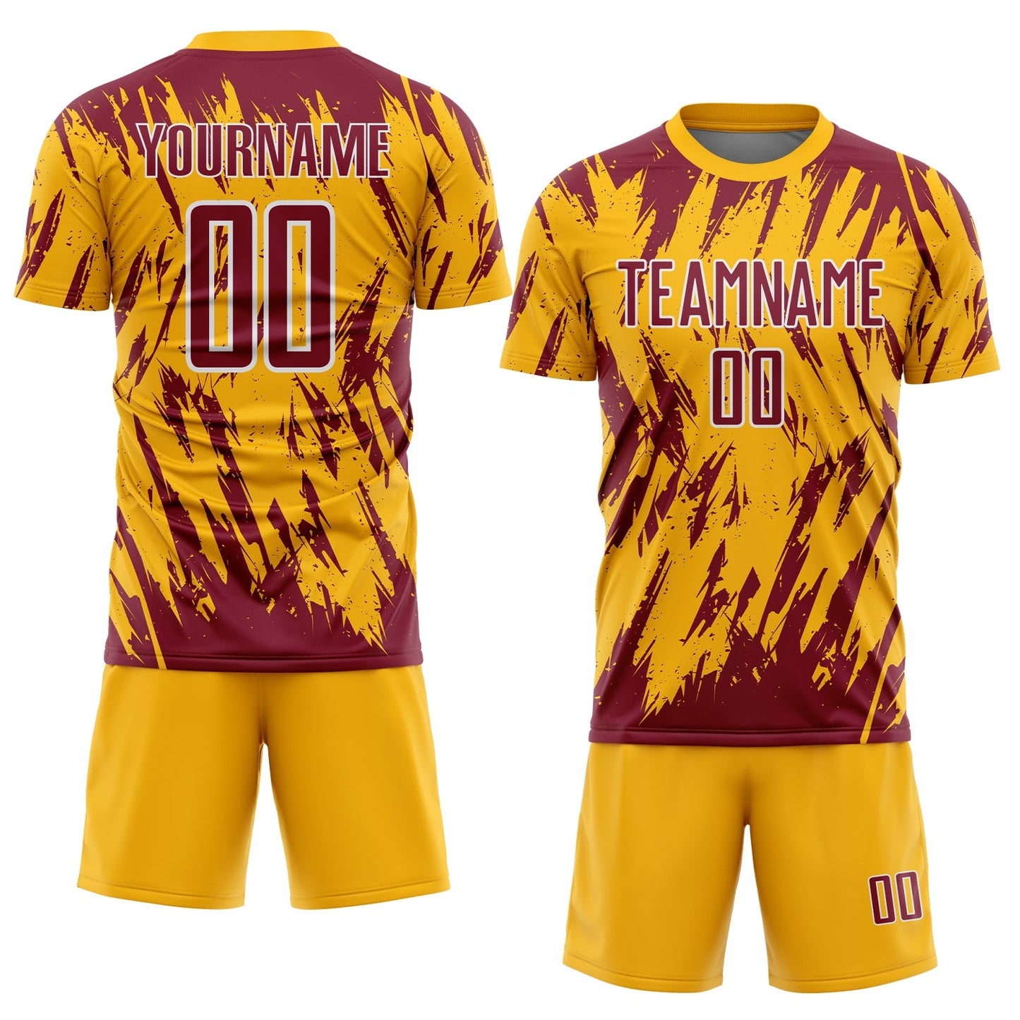 Custom Gold Crimson-White Splatter Torn Sharp Brush Stroke Sublimation Soccer Uniform Jersey view 2
