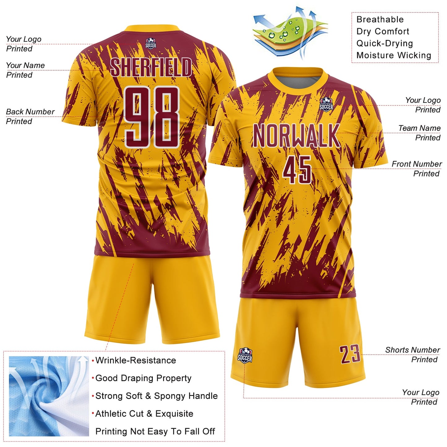 Custom Gold Crimson-White Splatter Torn Sharp Brush Stroke Sublimation Soccer Uniform Jersey view 4