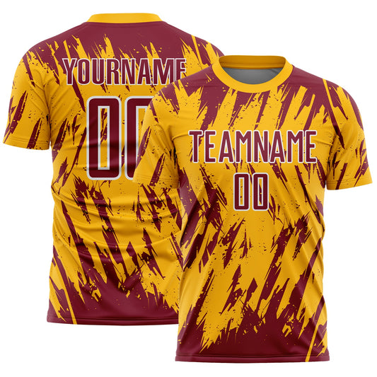 Custom Gold Crimson-White Splatter Torn Sharp Brush Stroke Sublimation Soccer Uniform Jersey - Main View