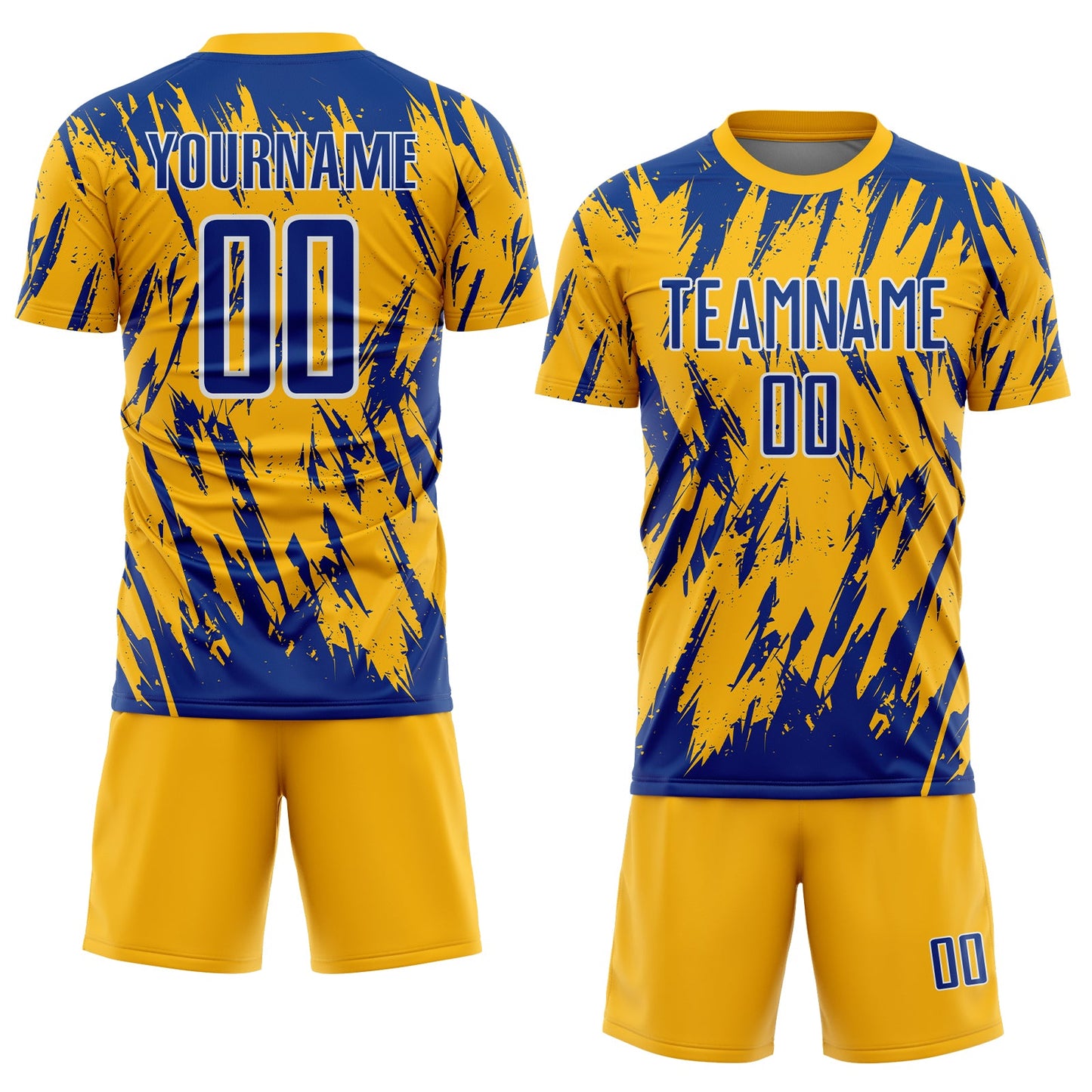 Custom Gold Royal-White Splatter Torn Sharp Brush Stroke Sublimation Soccer Uniform Jersey view 2
