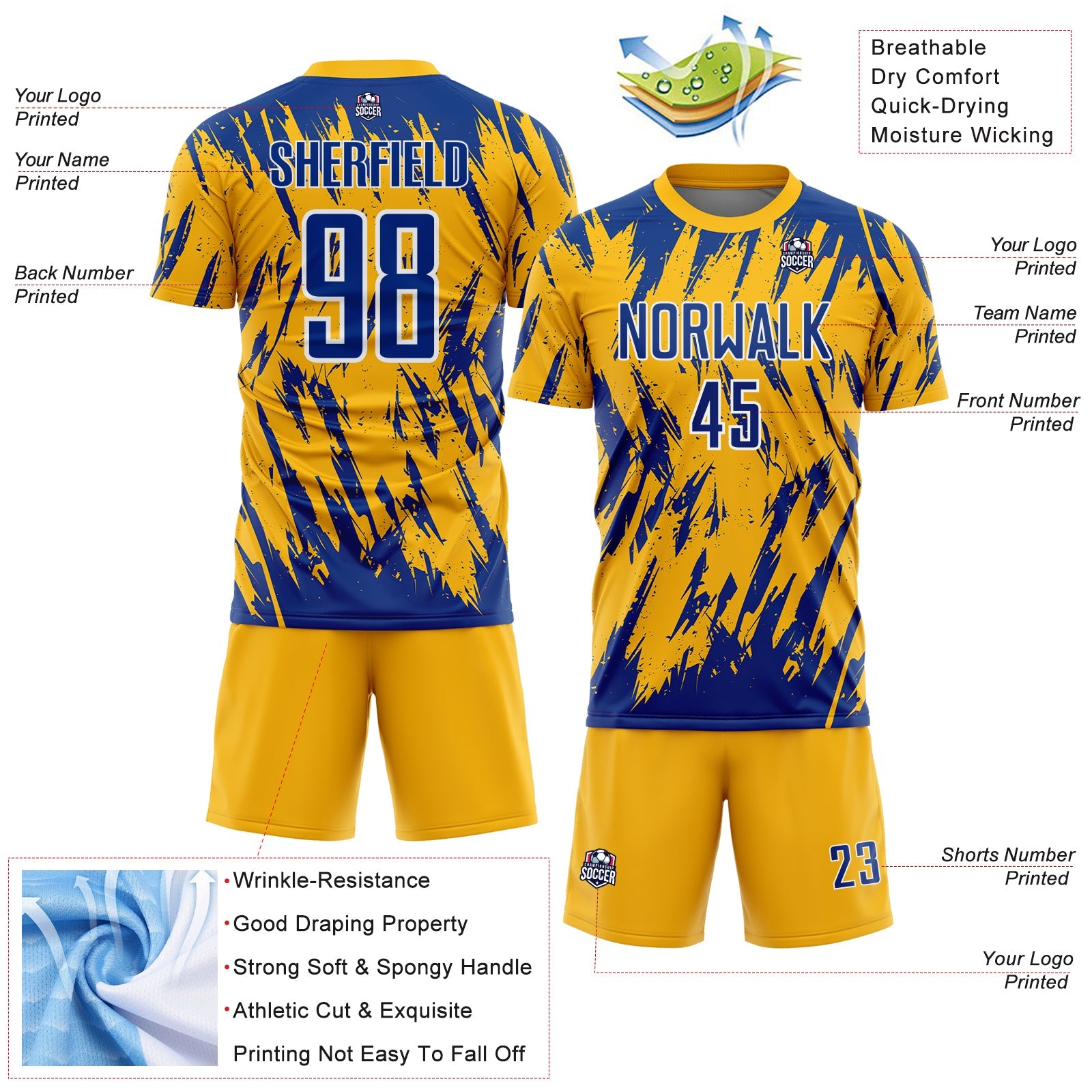 Custom Gold Royal-White Splatter Torn Sharp Brush Stroke Sublimation Soccer Uniform Jersey view 4