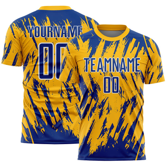Custom Gold Royal-White Splatter Torn Sharp Brush Stroke Sublimation Soccer Uniform Jersey - Main View