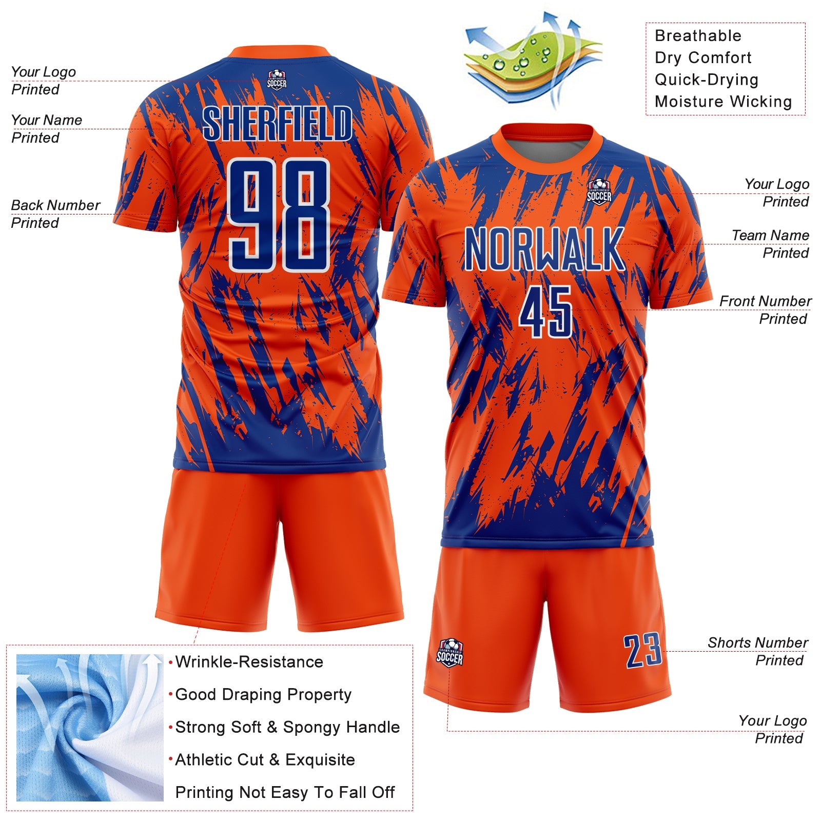 Custom Orange Royal-White Splatter Torn Sharp Brush Stroke Sublimation Soccer Uniform Jersey view 4