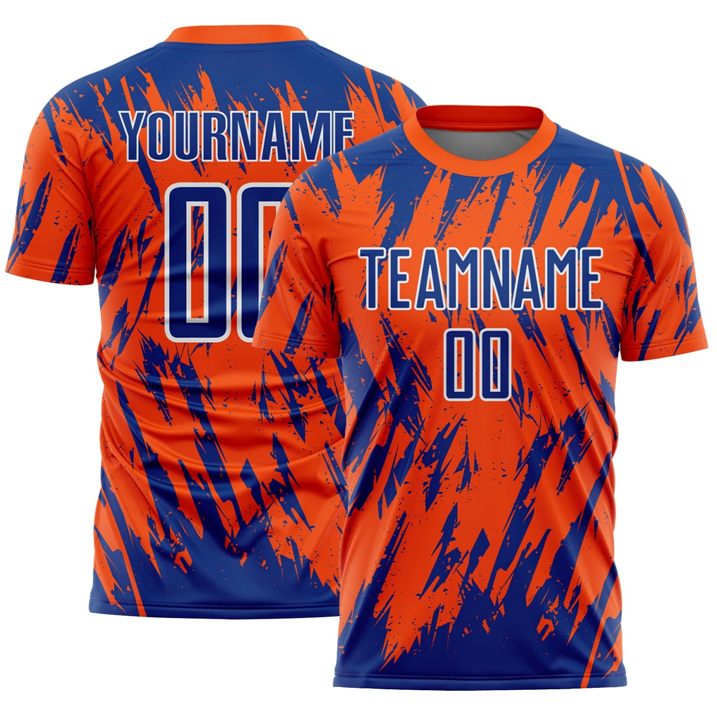 Custom Orange Royal-White Splatter Torn Sharp Brush Stroke Sublimation Soccer Uniform Jersey - Main View