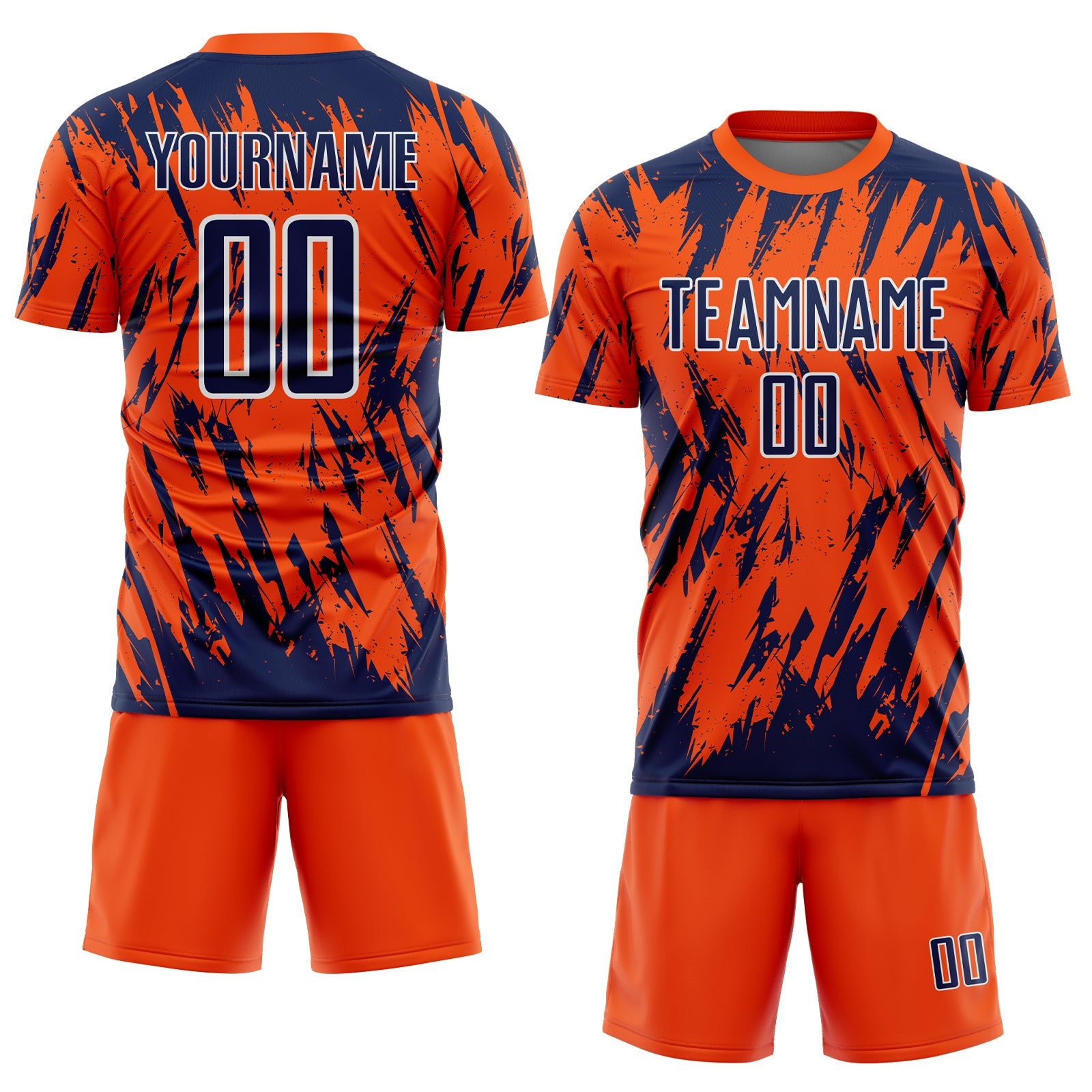 Custom Orange Navy-White Splatter Torn Sharp Brush Stroke Sublimation Soccer Uniform Jersey view 2