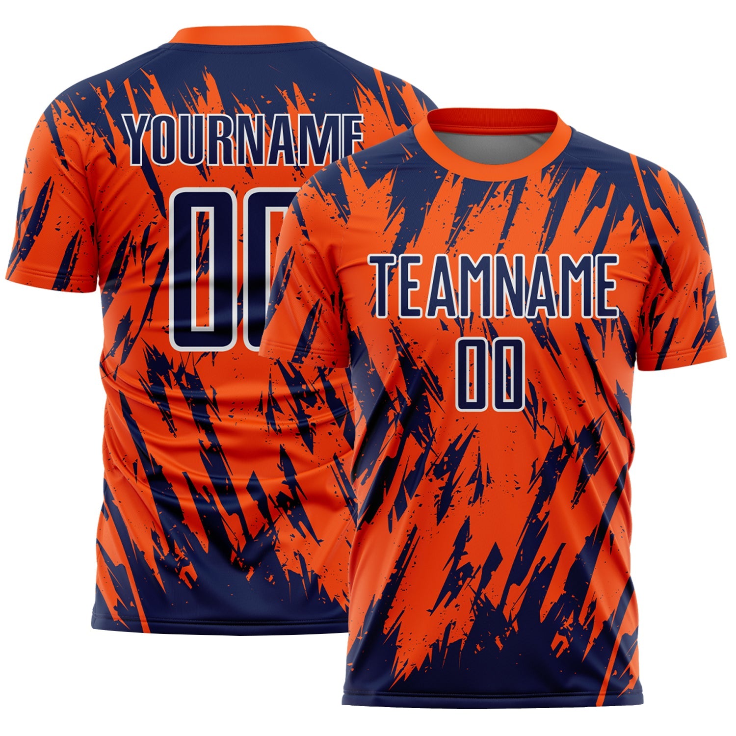Custom Orange Navy-White Splatter Torn Sharp Brush Stroke Sublimation Soccer Uniform Jersey - Main View