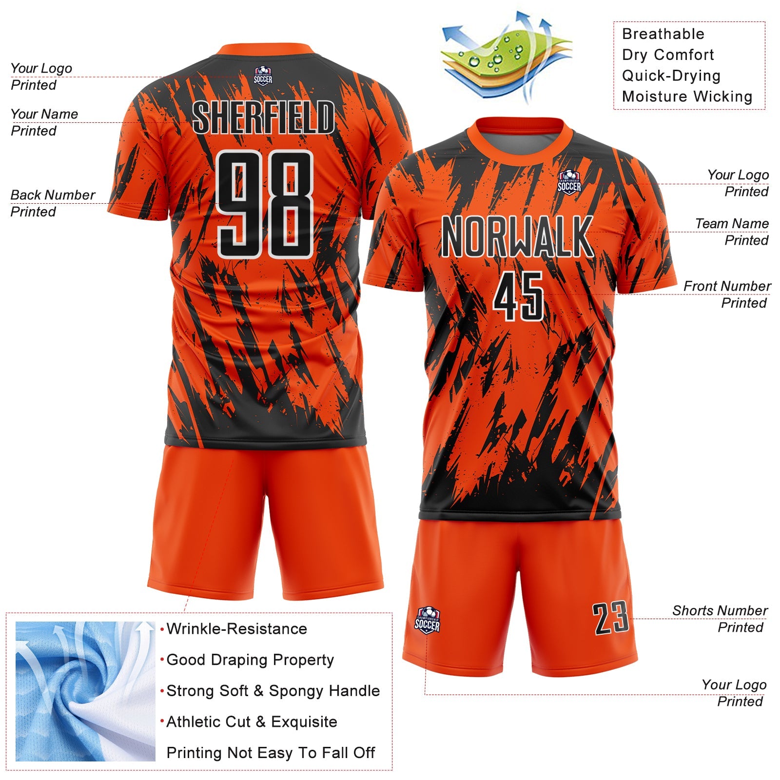 Custom Orange Black-White Splatter Torn Sharp Brush Stroke Sublimation Soccer Uniform Jersey view 4
