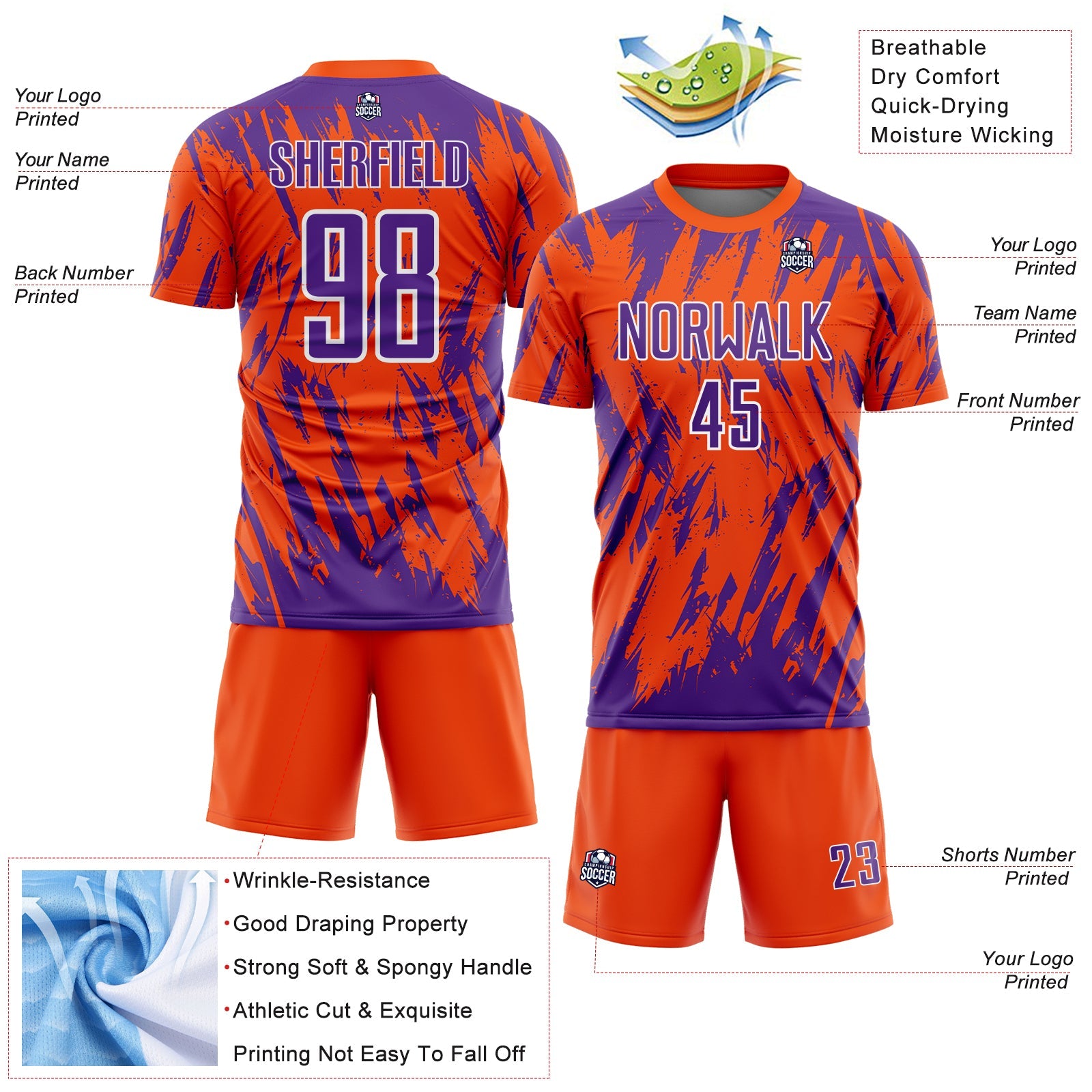 Custom Orange Purple-White Splatter Torn Sharp Brush Stroke Sublimation Soccer Uniform Jersey view 4