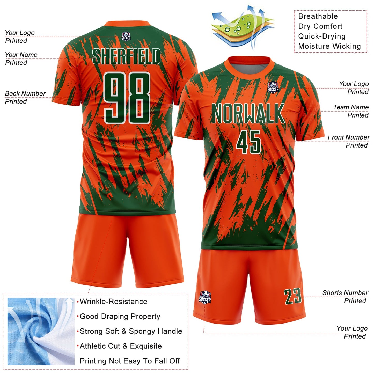 Custom Orange Green-White Splatter Torn Sharp Brush Stroke Sublimation Soccer Uniform Jersey view 4