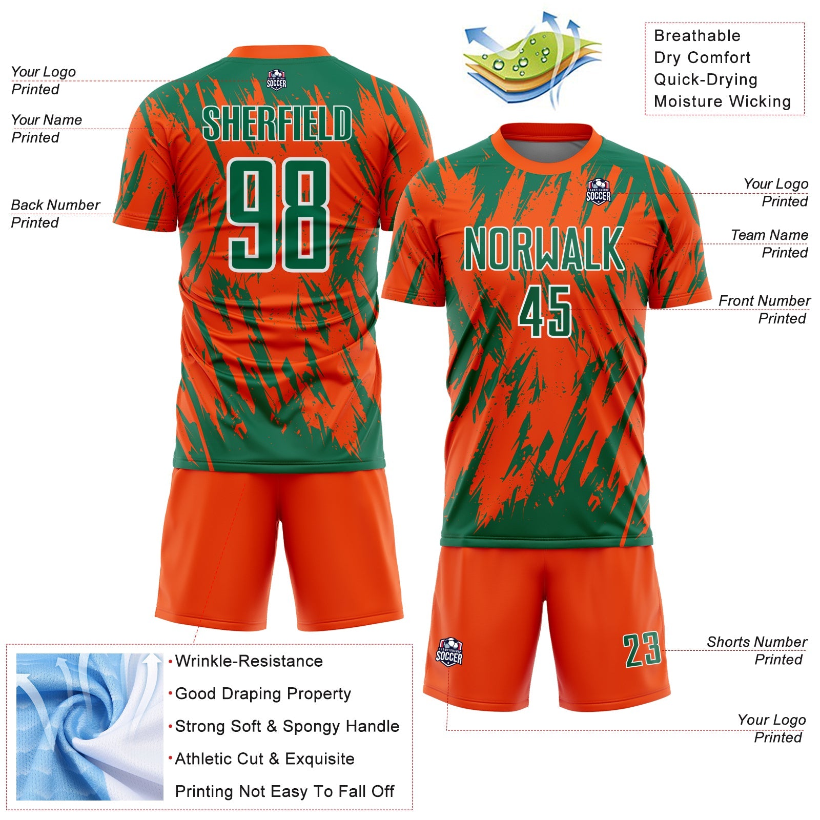 Custom Orange Kelly Green-White Splatter Torn Sharp Brush Stroke Sublimation Soccer Uniform Jersey view 4