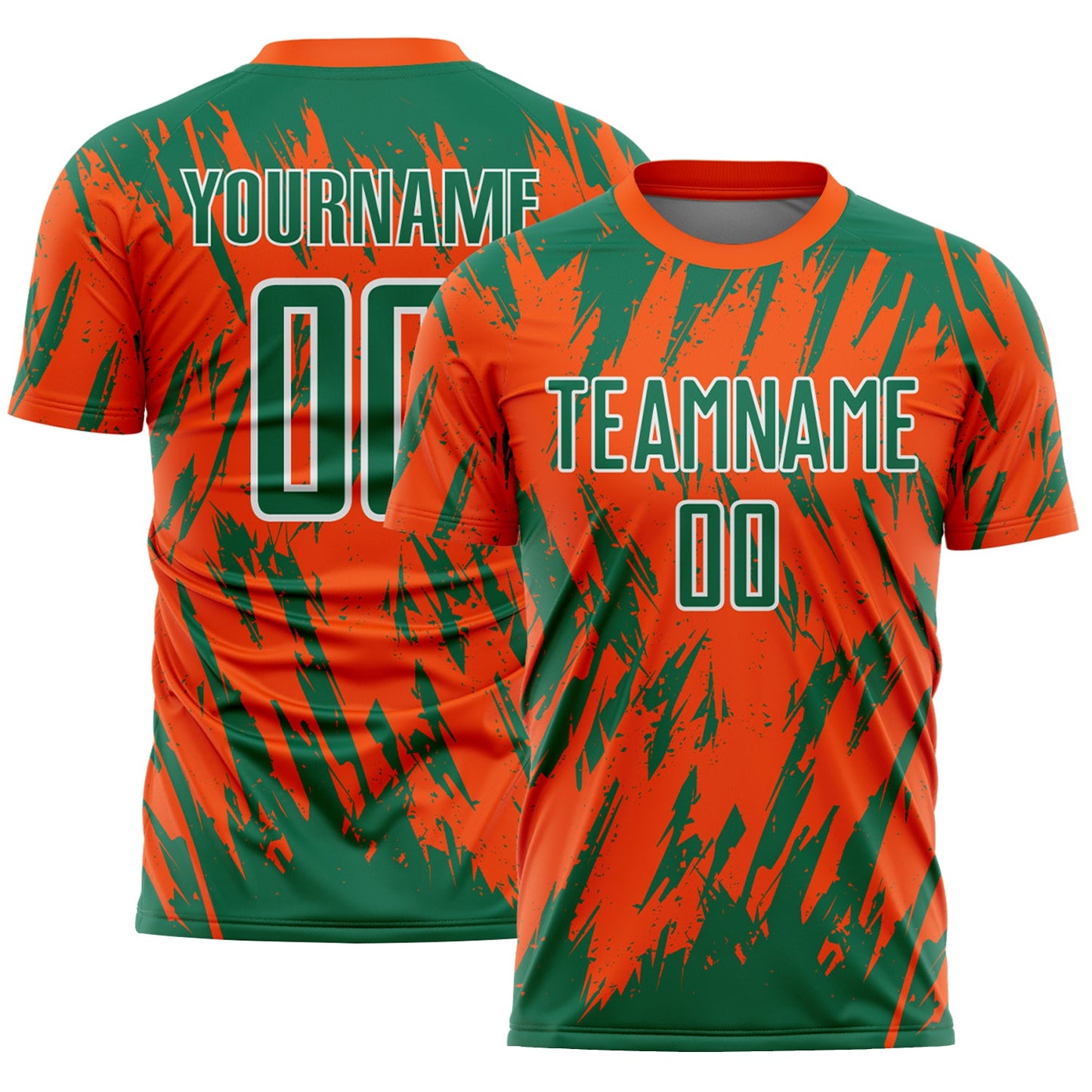 Custom Orange Kelly Green-White Splatter Torn Sharp Brush Stroke Sublimation Soccer Uniform Jersey - Main View