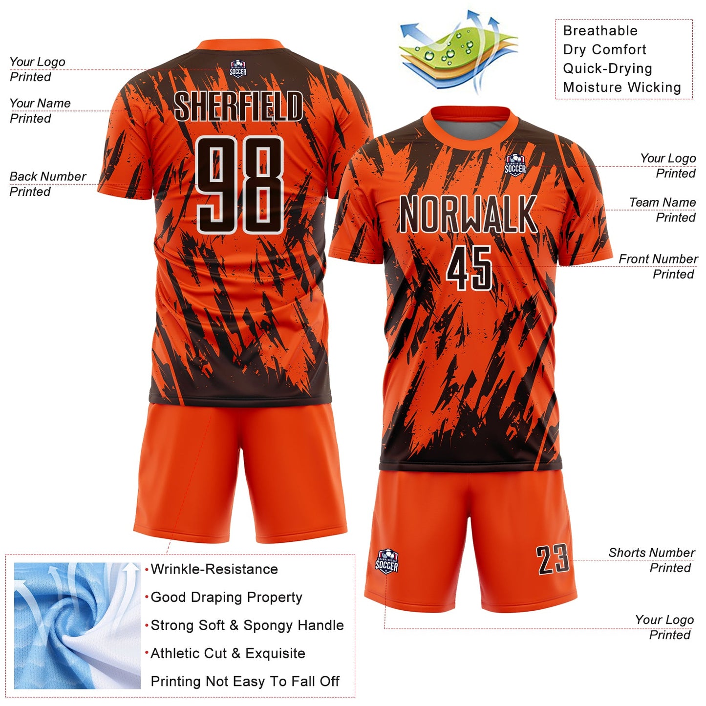 Custom Orange Brown-White Splatter Torn Sharp Brush Stroke Sublimation Soccer Uniform Jersey view 4