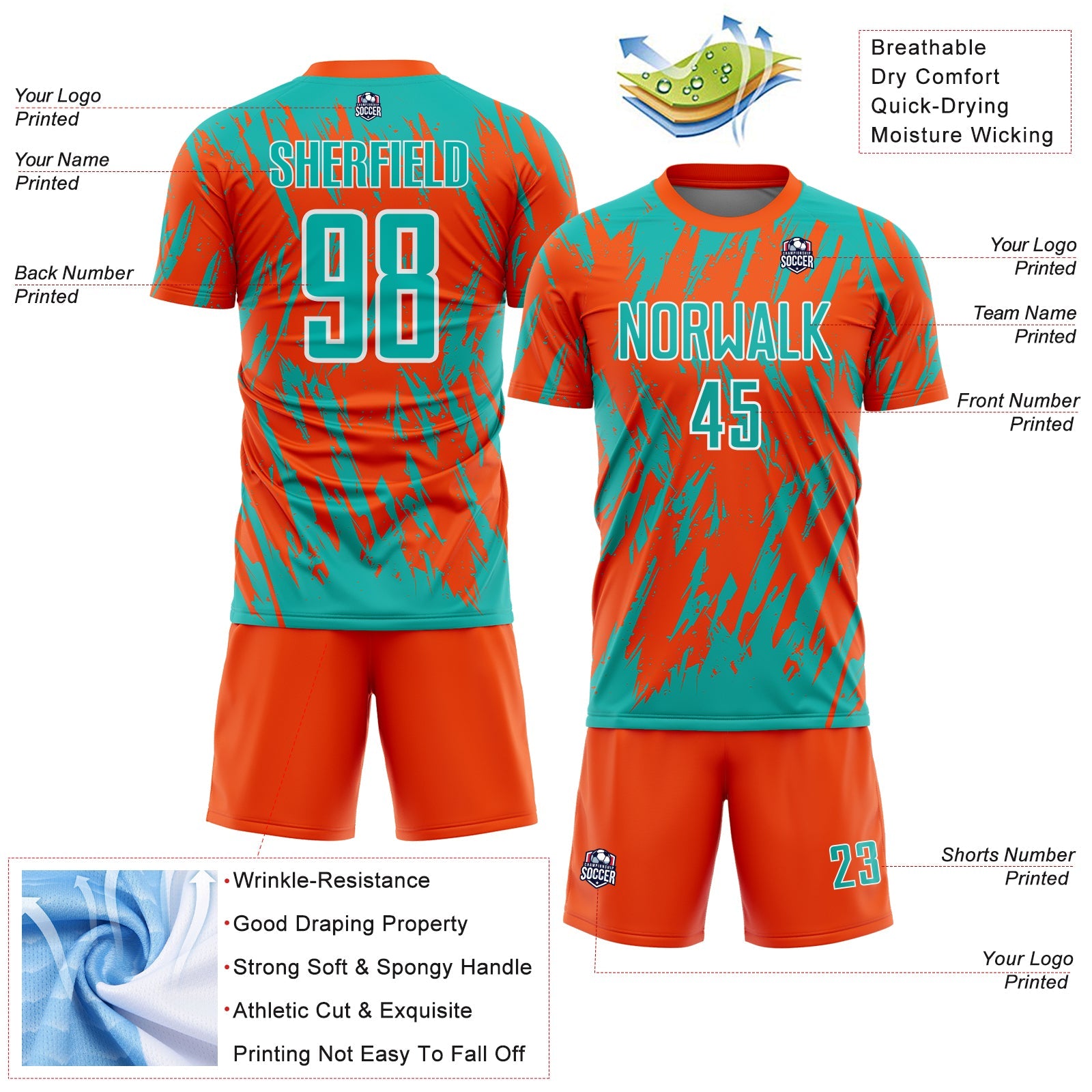 Custom Orange Aqua-White Splatter Torn Sharp Brush Stroke Sublimation Soccer Uniform Jersey view 4