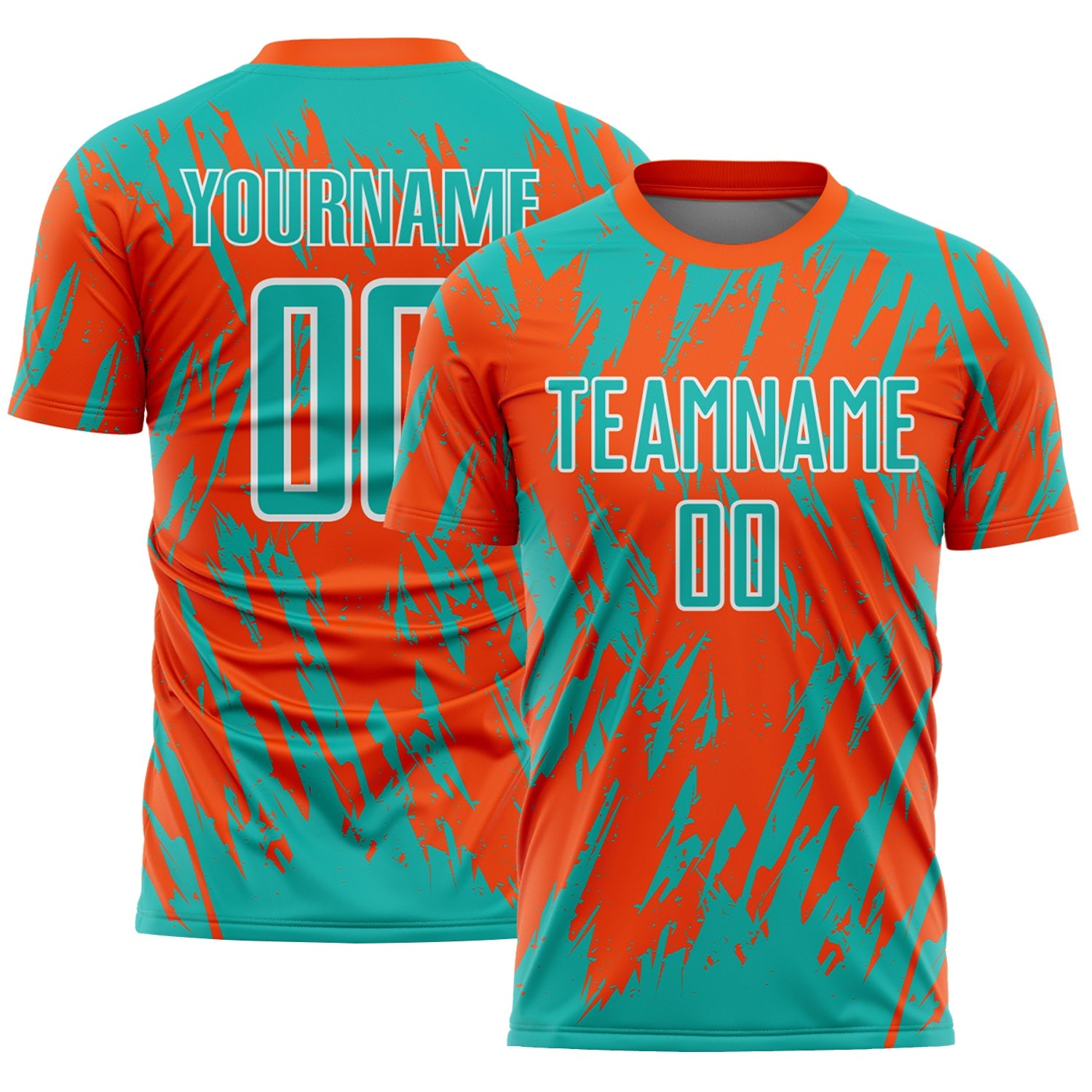 Custom Orange Aqua-White Splatter Torn Sharp Brush Stroke Sublimation Soccer Uniform Jersey - Main View