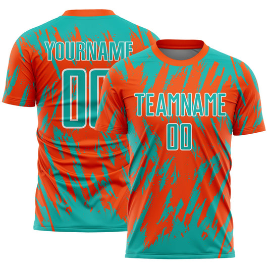 Custom Orange Aqua-White Splatter Torn Sharp Brush Stroke Sublimation Soccer Uniform Jersey - Main View