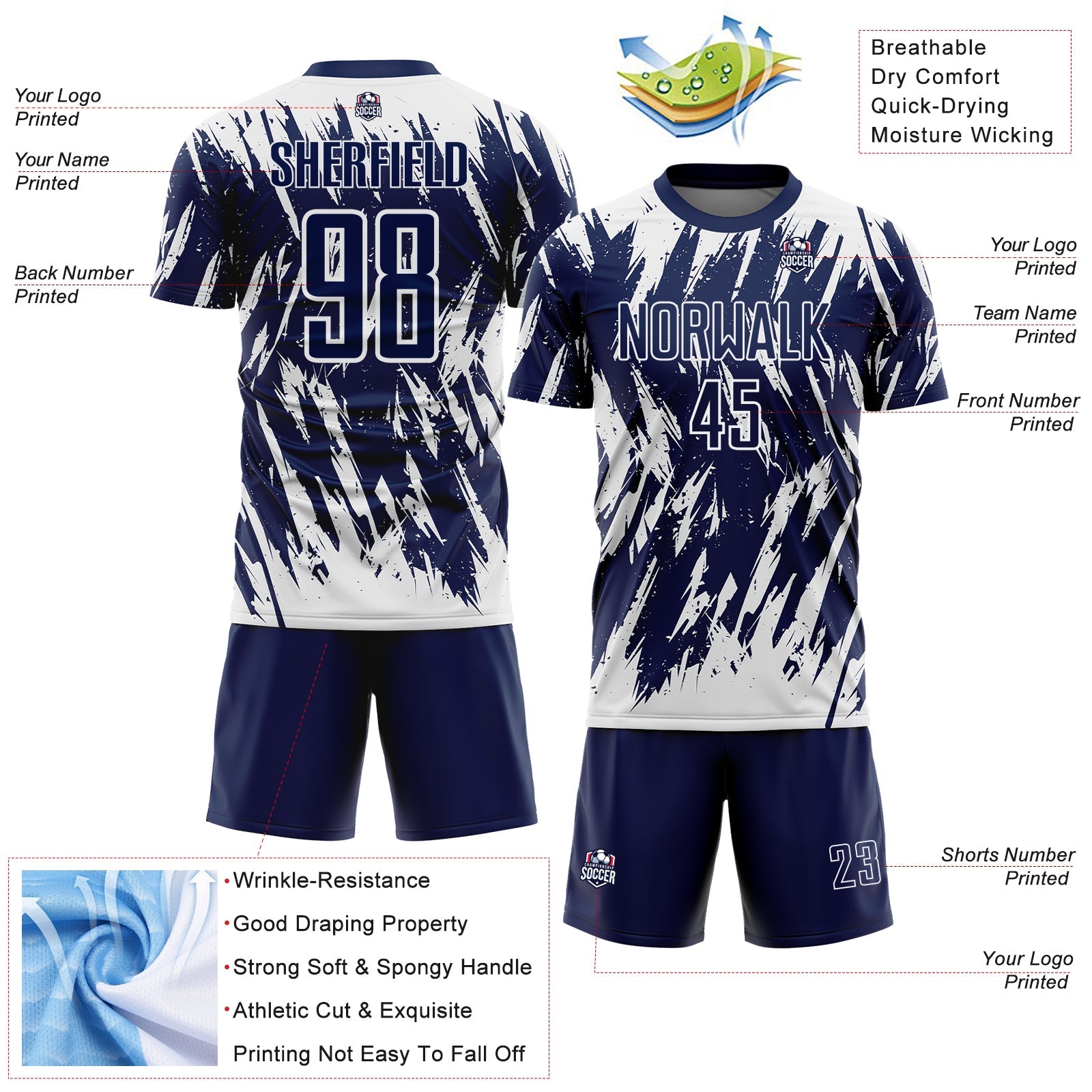 Custom Navy-White Splatter Torn Sharp Brush Stroke Sublimation Soccer Uniform Jersey view 4