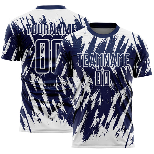 Custom Navy-White Splatter Torn Sharp Brush Stroke Sublimation Soccer Uniform Jersey - Main View