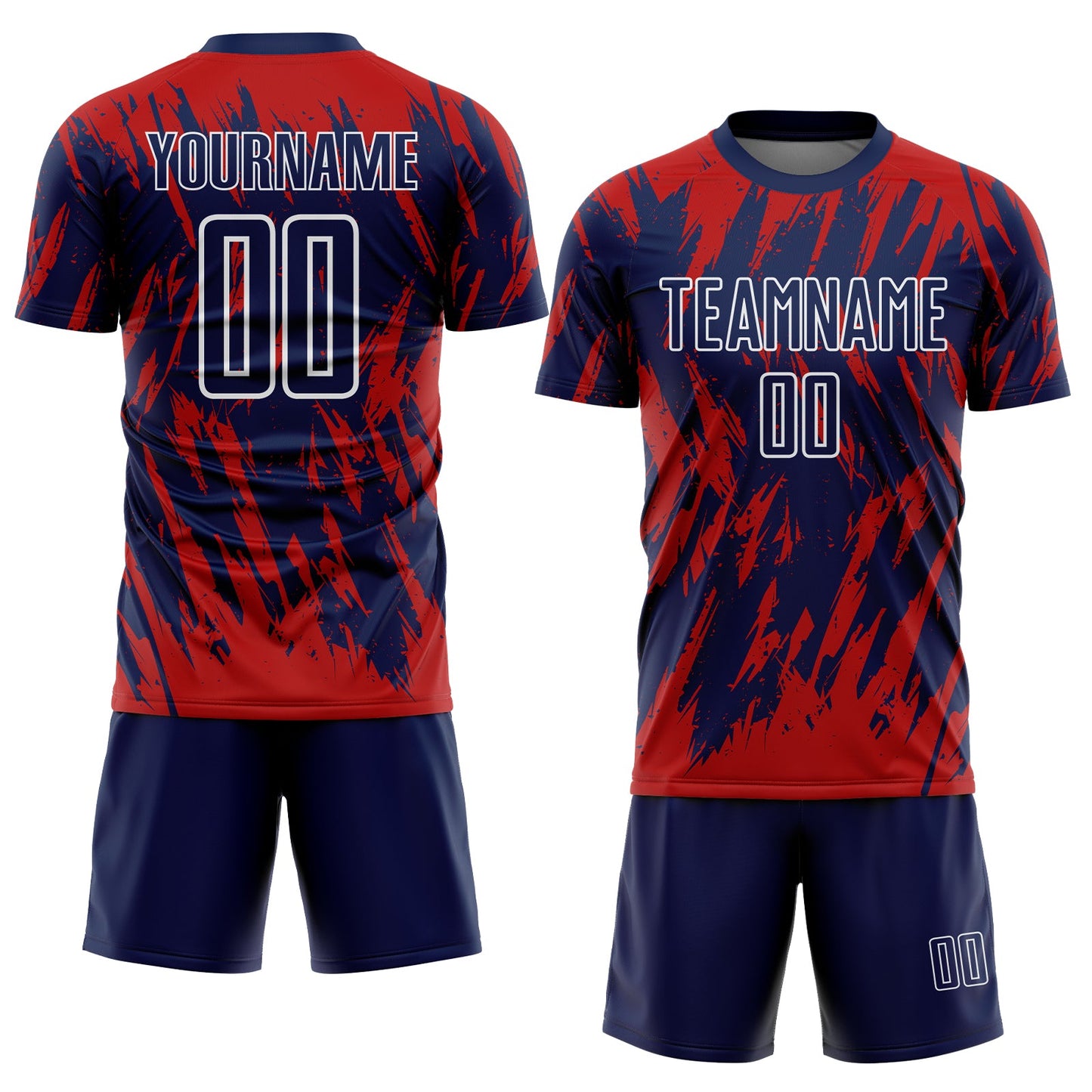 Custom Navy Red-White Splatter Torn Sharp Brush Stroke Sublimation Soccer Uniform Jersey view 2