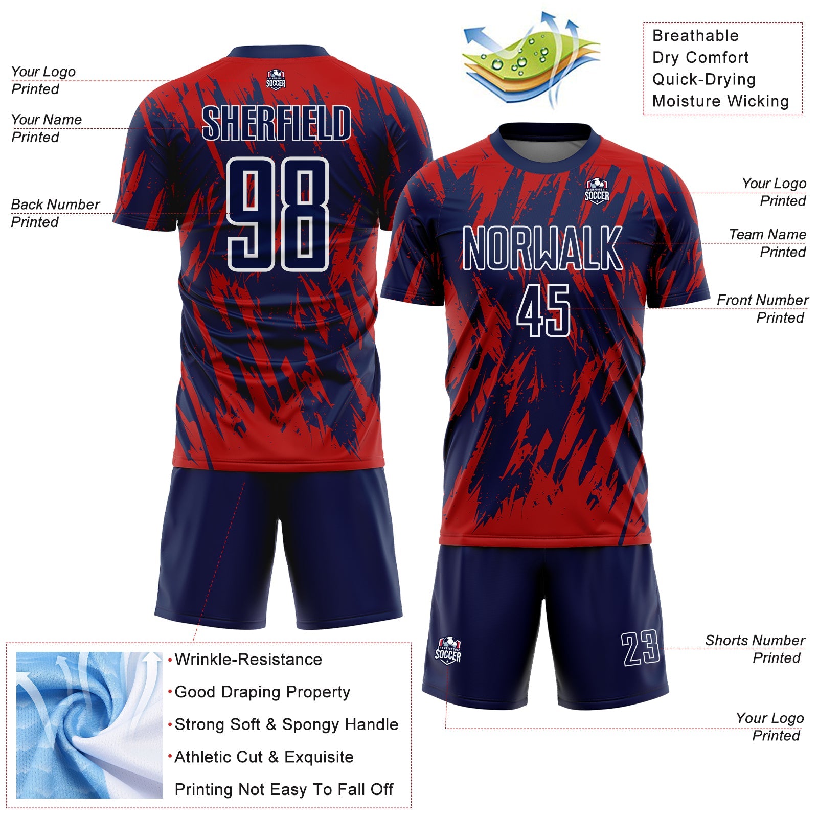 Custom Navy Red-White Splatter Torn Sharp Brush Stroke Sublimation Soccer Uniform Jersey view 4