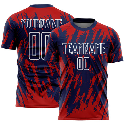 Custom Navy Red-White Splatter Torn Sharp Brush Stroke Sublimation Soccer Uniform Jersey - Main View