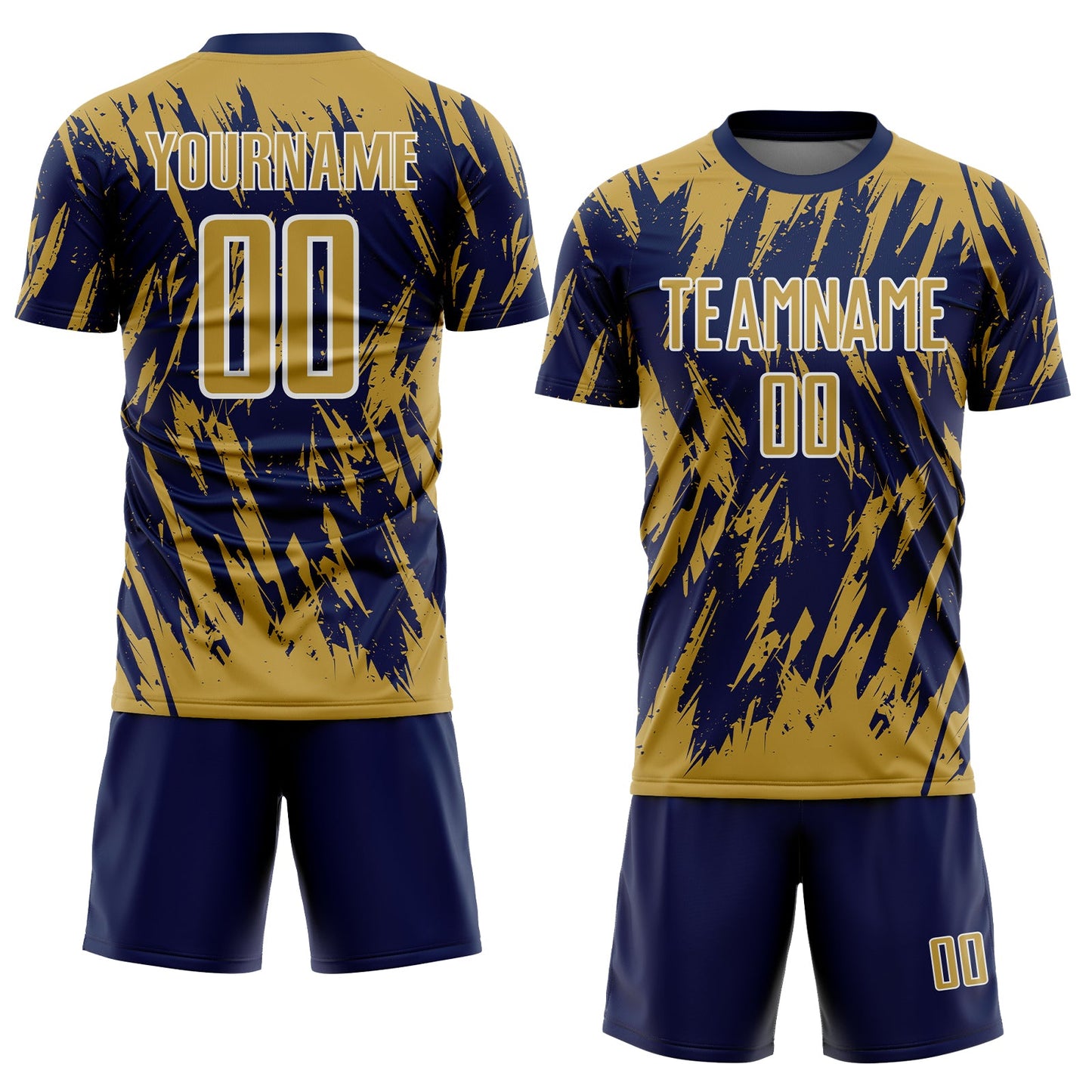 Custom Navy Old Gold-White Splatter Torn Sharp Brush Stroke Sublimation Soccer Uniform Jersey view 2