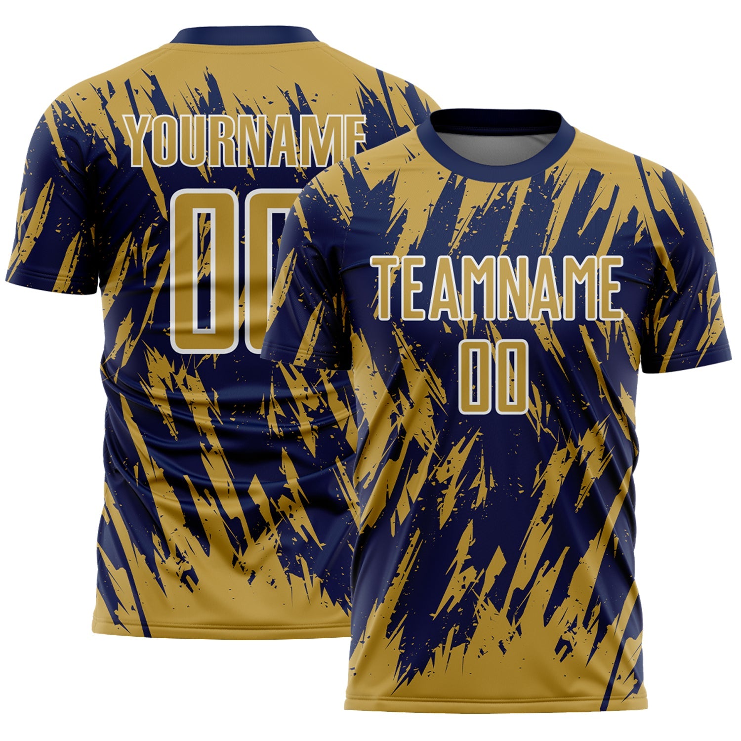 Custom Navy Old Gold-White Splatter Torn Sharp Brush Stroke Sublimation Soccer Uniform Jersey - Main View