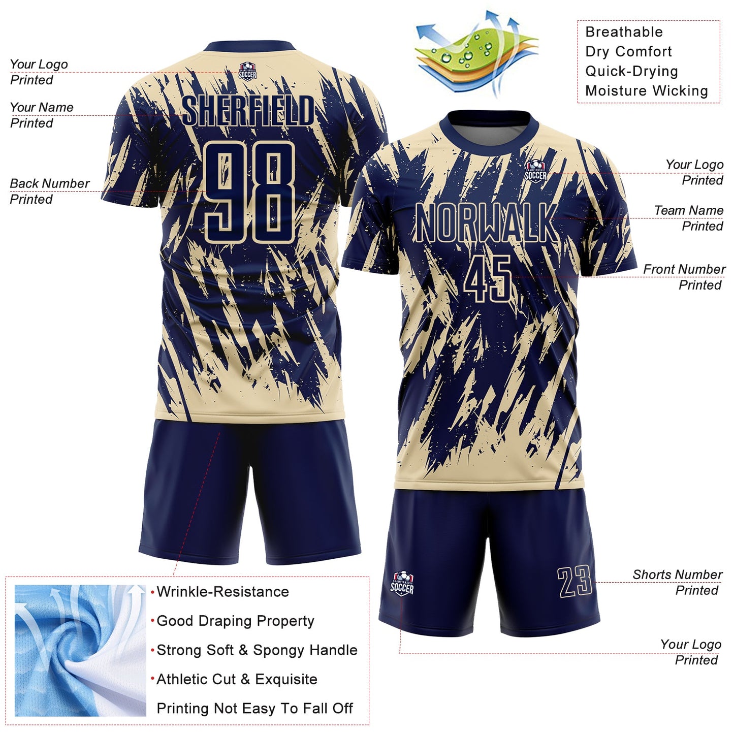Custom Navy-Cream Splatter Torn Sharp Brush Stroke Sublimation Soccer Uniform Jersey view 4