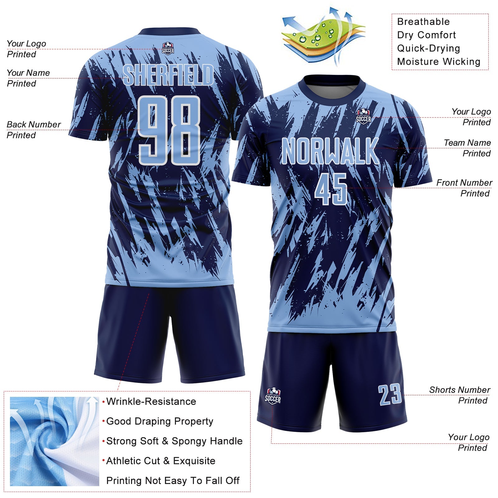 Custom Navy Light Blue-White Splatter Torn Sharp Brush Stroke Sublimation Soccer Uniform Jersey view 4