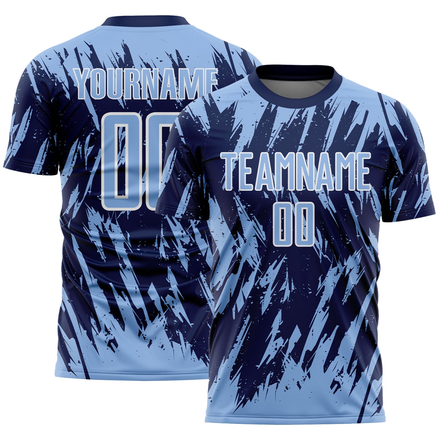 Custom Navy Light Blue-White Splatter Torn Sharp Brush Stroke Sublimation Soccer Uniform Jersey - Main View