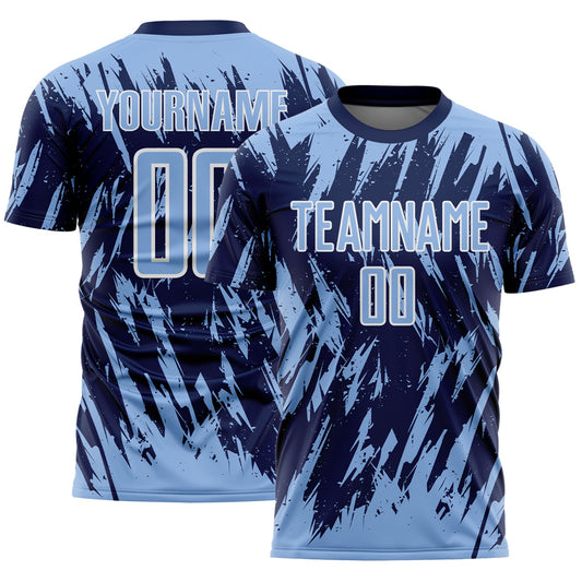 Custom Navy Light Blue-White Splatter Torn Sharp Brush Stroke Sublimation Soccer Uniform Jersey - Main View