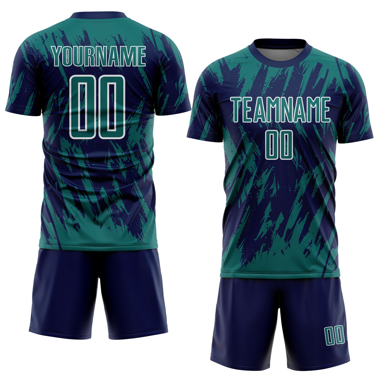 Custom Navy Teal-White Splatter Torn Sharp Brush Stroke Sublimation Soccer Uniform Jersey view 2