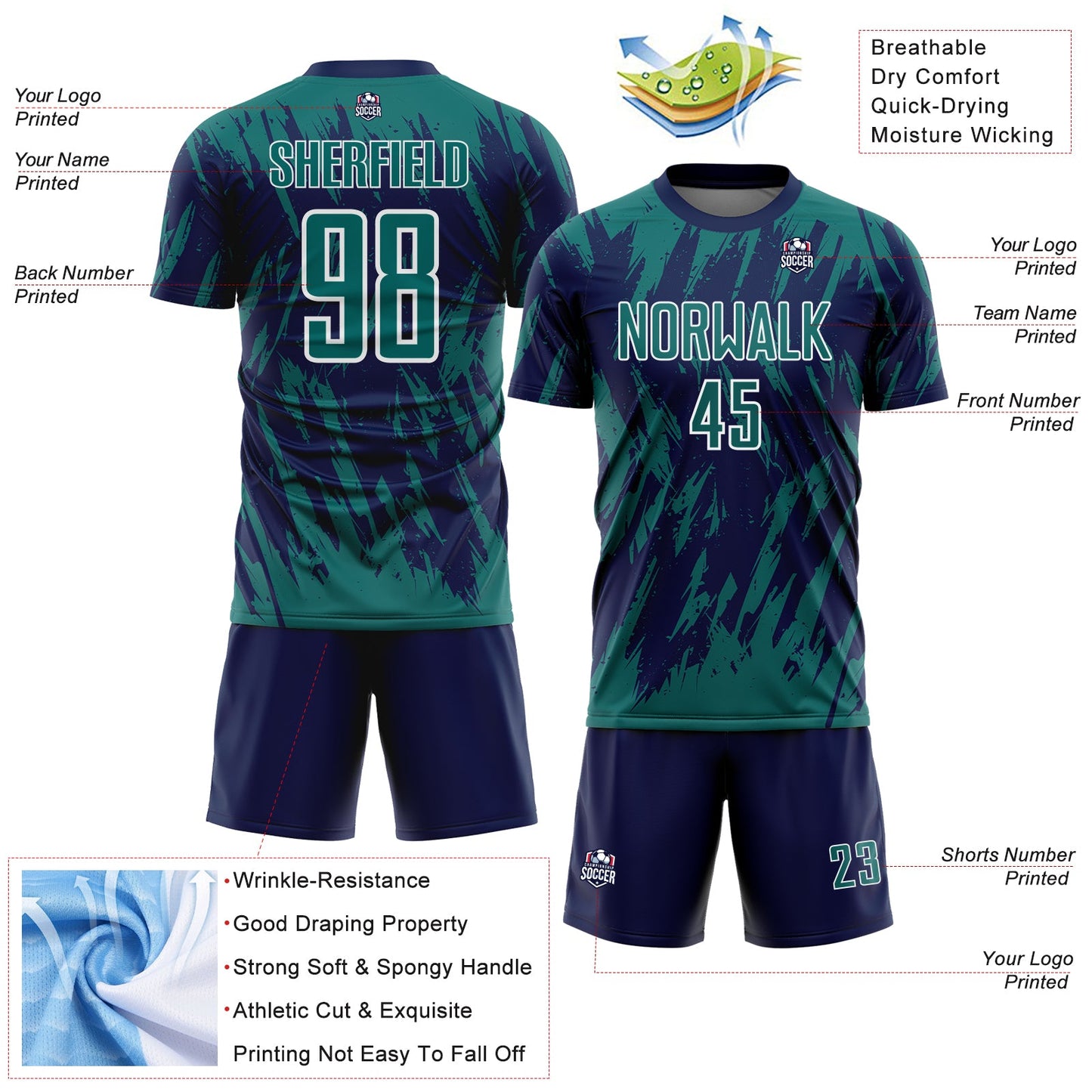 Custom Navy Teal-White Splatter Torn Sharp Brush Stroke Sublimation Soccer Uniform Jersey view 4