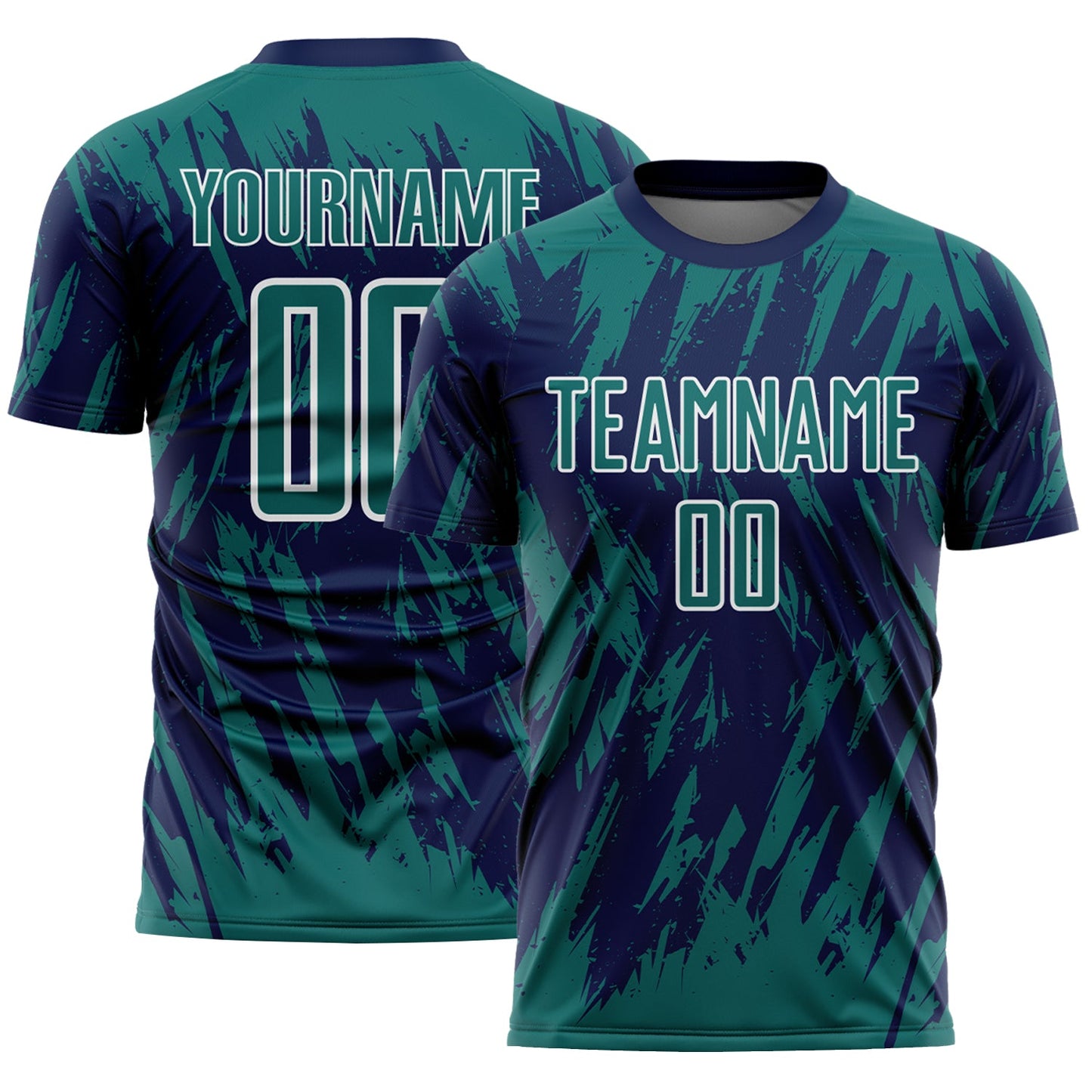 Custom Navy Teal-White Splatter Torn Sharp Brush Stroke Sublimation Soccer Uniform Jersey - Main View