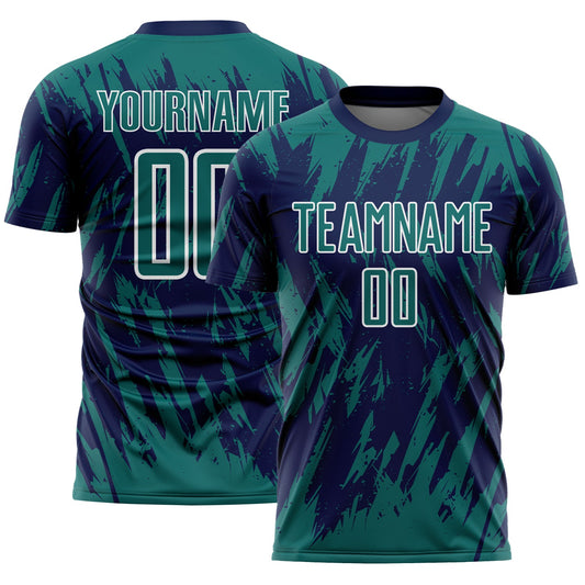 Custom Navy Teal-White Splatter Torn Sharp Brush Stroke Sublimation Soccer Uniform Jersey - Main View