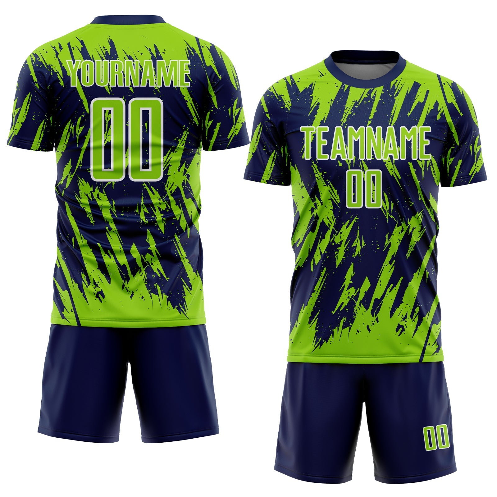 Custom Navy Neon Green-White Splatter Torn Sharp Brush Stroke Sublimation Soccer Uniform Jersey view 2