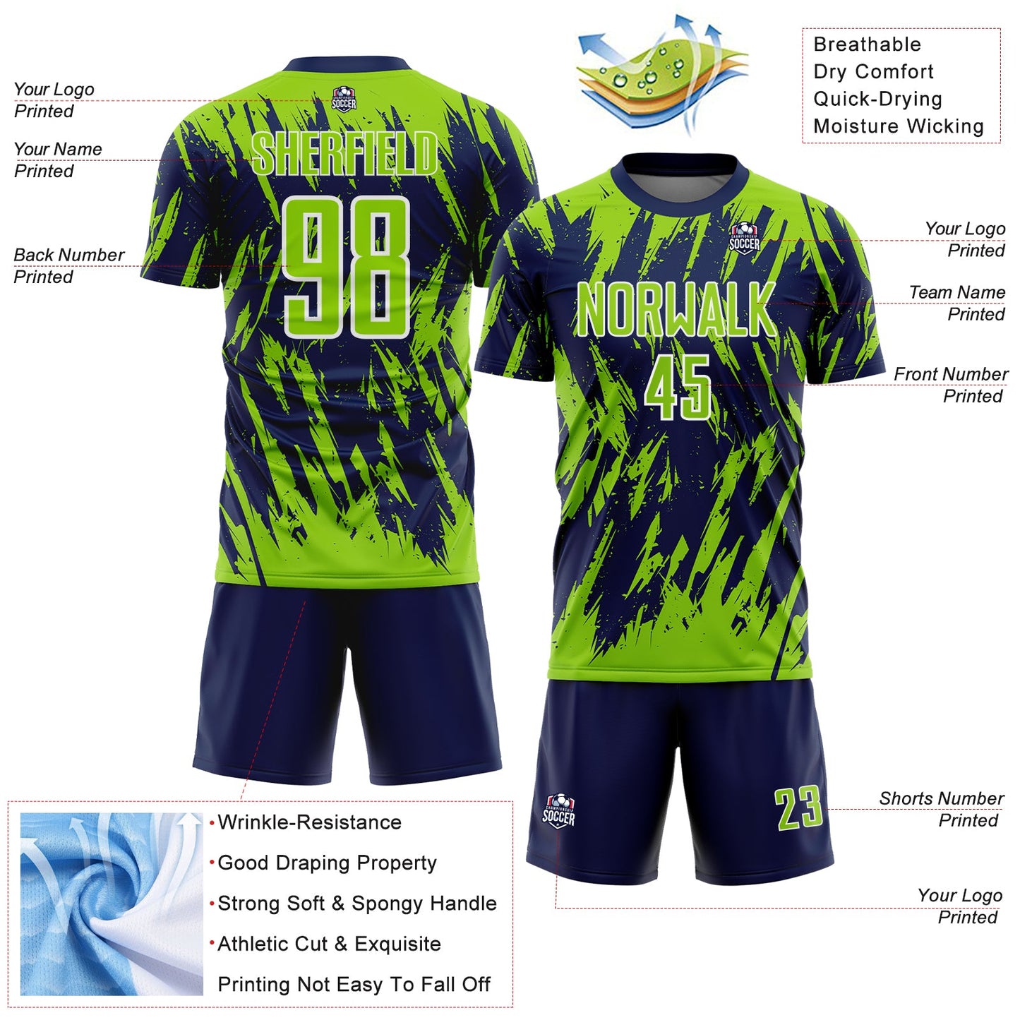 Custom Navy Neon Green-White Splatter Torn Sharp Brush Stroke Sublimation Soccer Uniform Jersey view 4