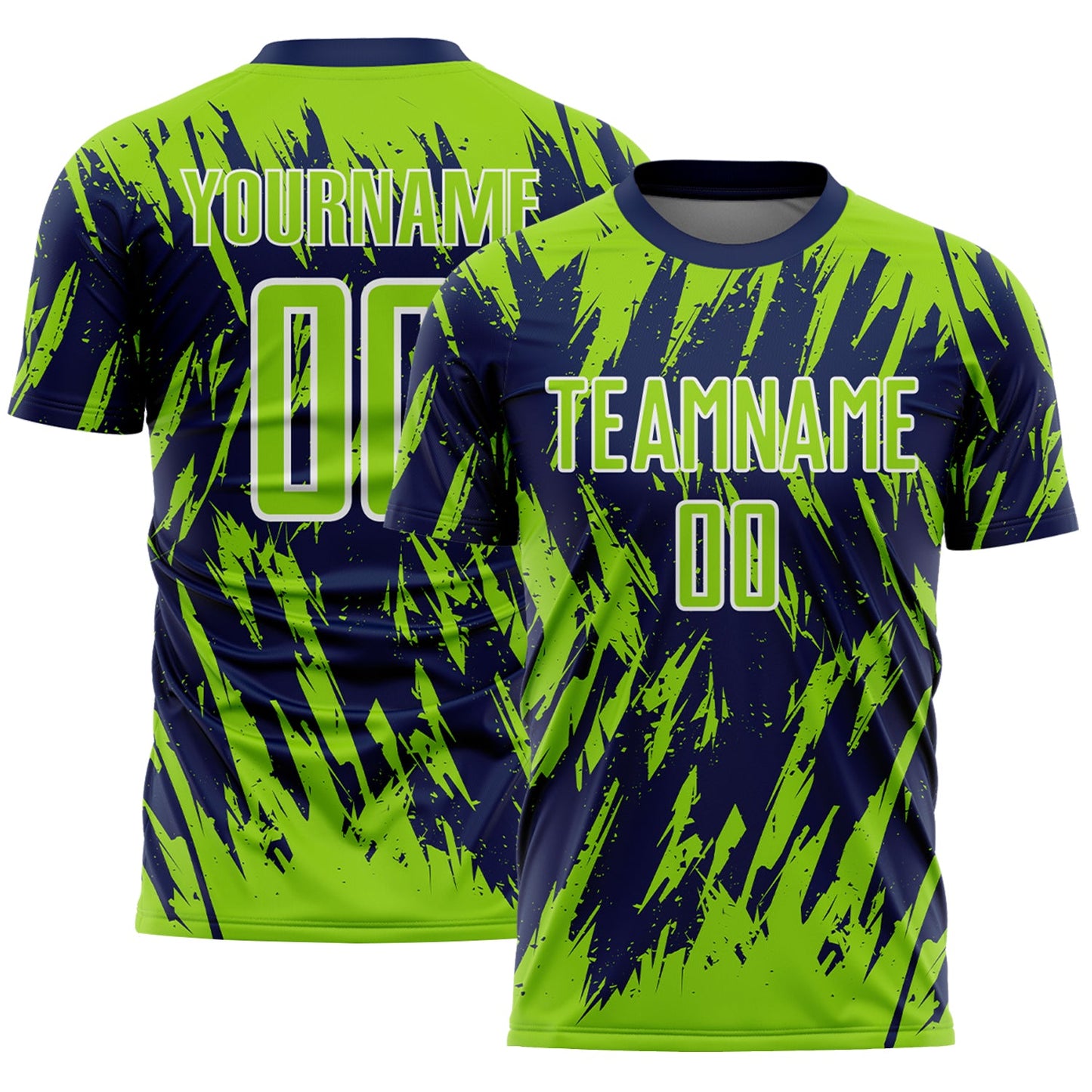 Custom Navy Neon Green-White Splatter Torn Sharp Brush Stroke Sublimation Soccer Uniform Jersey - Main View