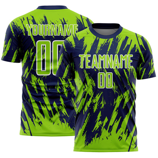 Custom Navy Neon Green-White Splatter Torn Sharp Brush Stroke Sublimation Soccer Uniform Jersey - Main View