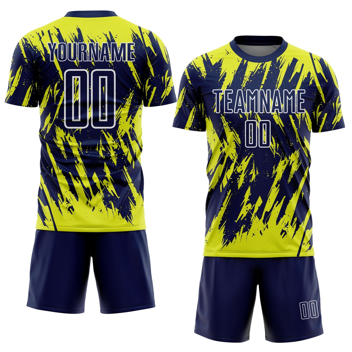 Custom Navy Neon Yellow-White Splatter Torn Sharp Brush Stroke Sublimation Soccer Uniform Jersey view 2